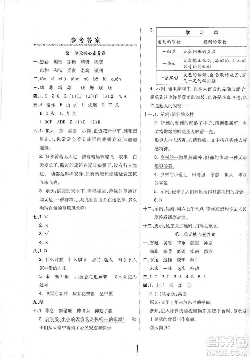 陽(yáng)光出版社2021全品小復(fù)習(xí)四年級(jí)下冊(cè)語(yǔ)文人教版參考答案