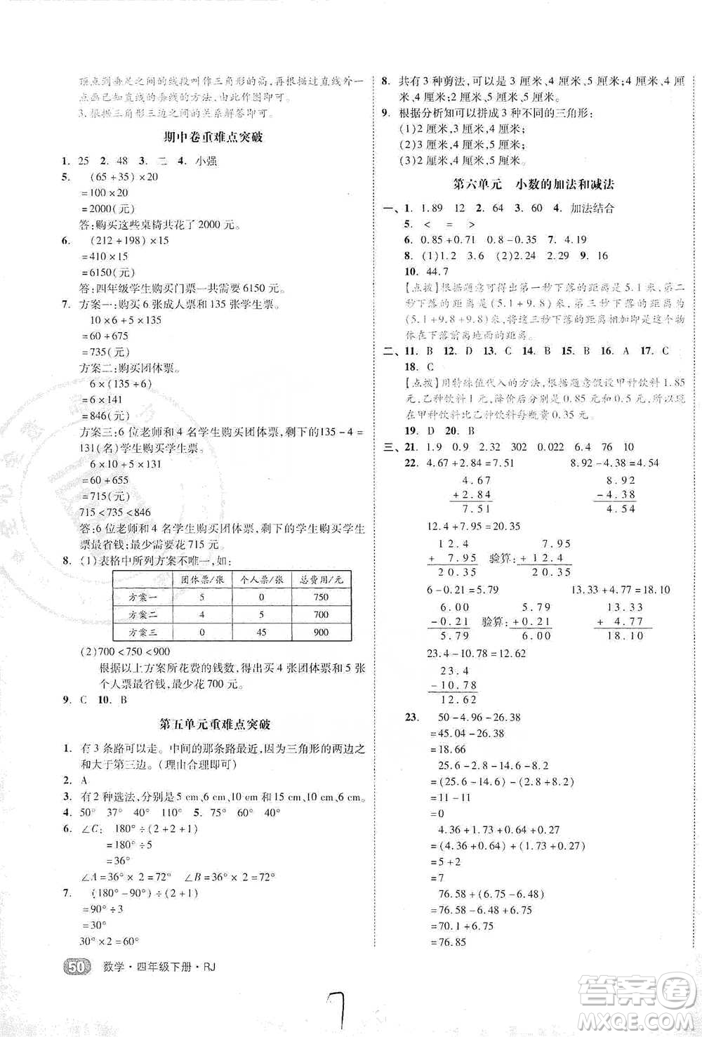 陽光出版社2021全品小復(fù)習(xí)四年級下冊數(shù)學(xué)人教版參考答案