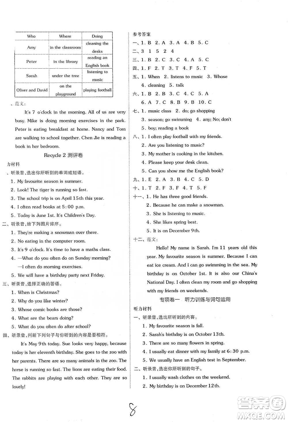 陽光出版社2021全品小復(fù)習五年級下冊英語人教版參考答案