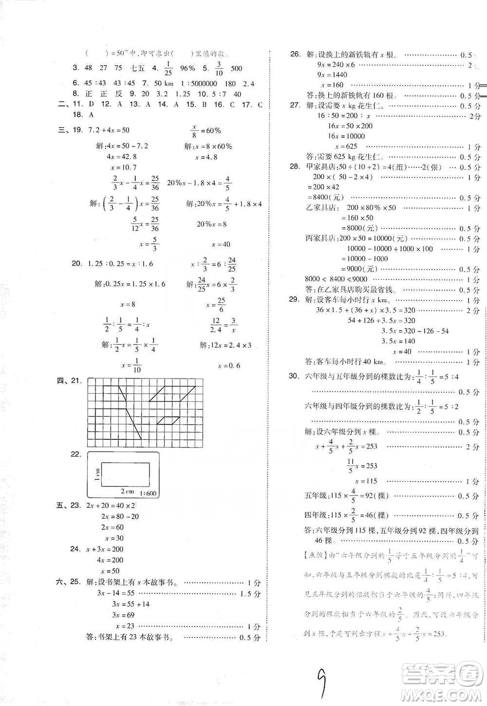 陽(yáng)光出版社2021全品小復(fù)習(xí)六年級(jí)下冊(cè)數(shù)學(xué)人教版參考答案