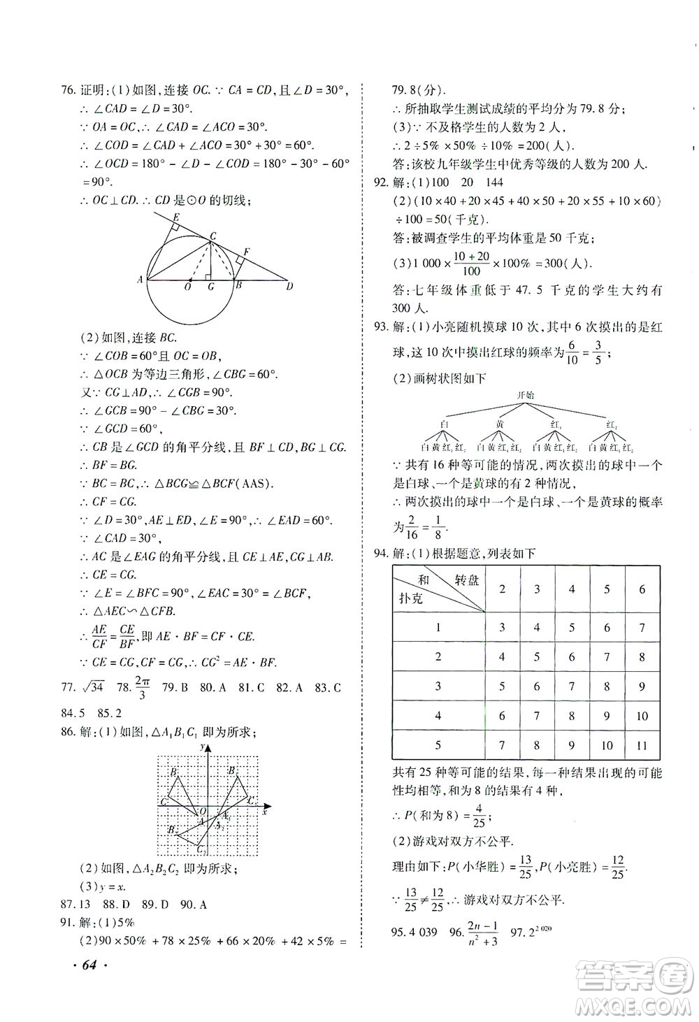 延邊教育出版社2021本土攻略精準(zhǔn)復(fù)習(xí)方案九年級數(shù)學(xué)下冊人教版答案