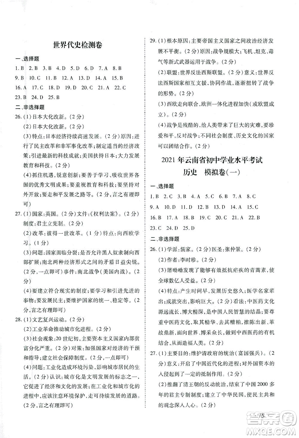 延邊教育出版社2021本土攻略精準(zhǔn)復(fù)習(xí)方案九年級歷史下冊人教版云南專版答案