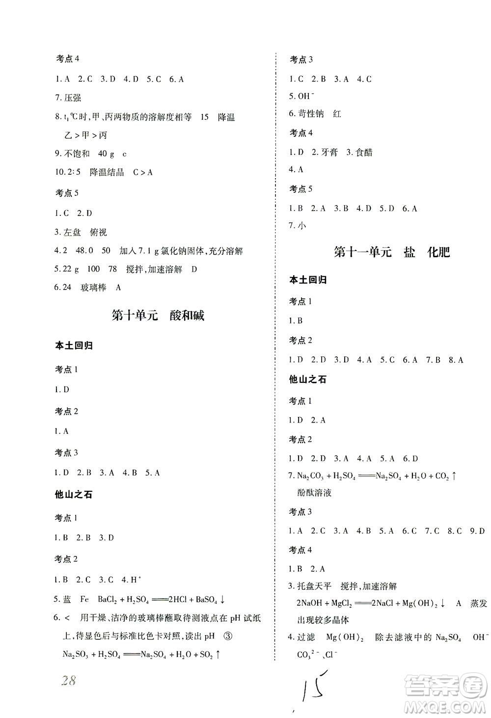 延邊教育出版社2021本土攻略精準復習方案九年級化學下冊人教版云南專版答案