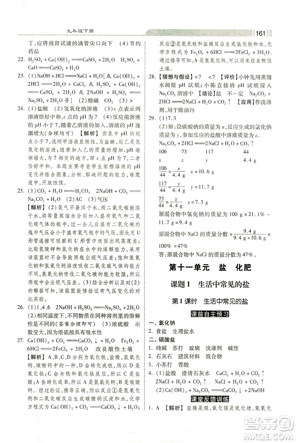 河北美術出版社2021課時練+考評九年級化學下冊人教版答案