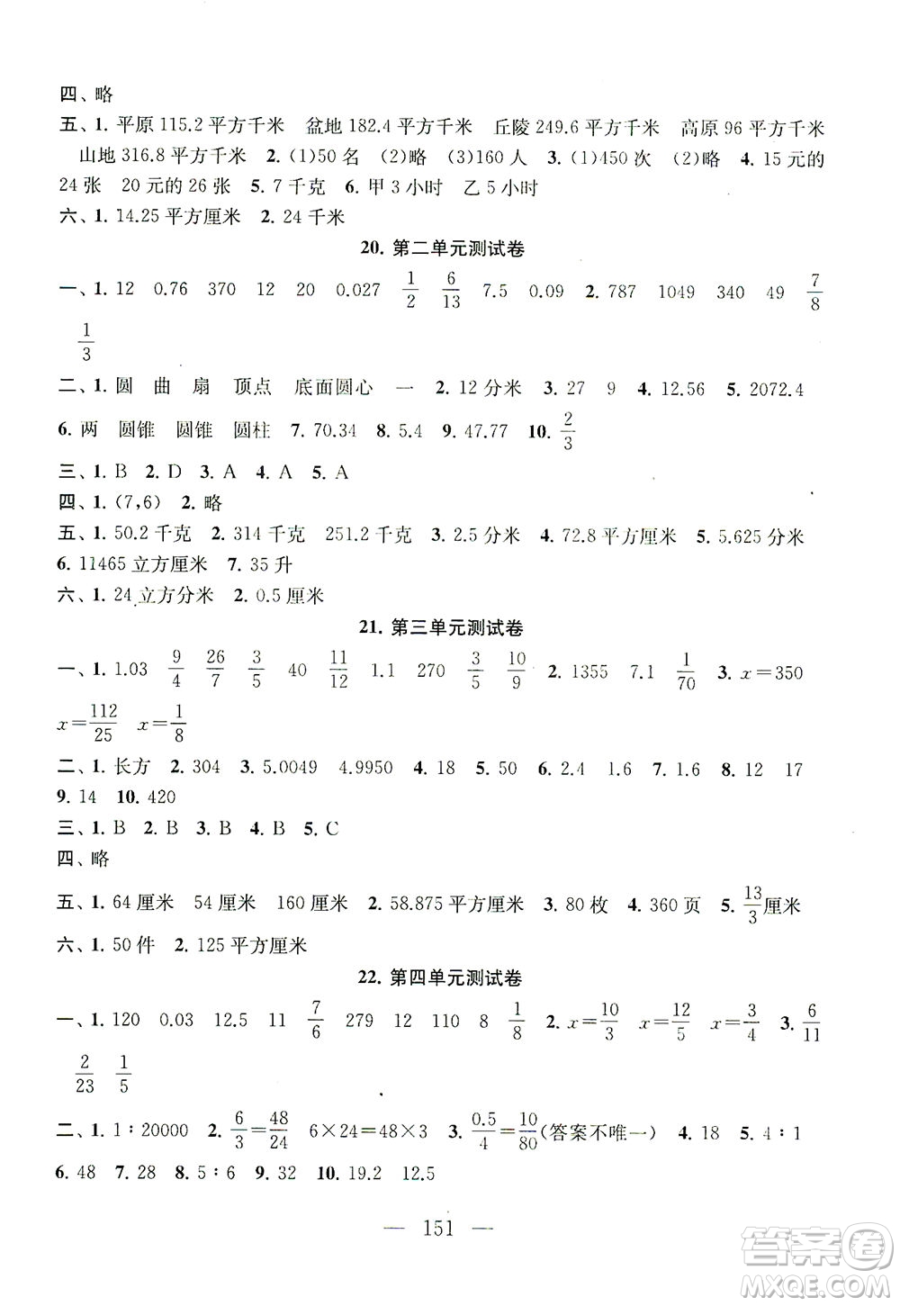 黃山書(shū)社2021拓展與培優(yōu)測(cè)試卷數(shù)學(xué)六年級(jí)下冊(cè)江蘇版適用答案