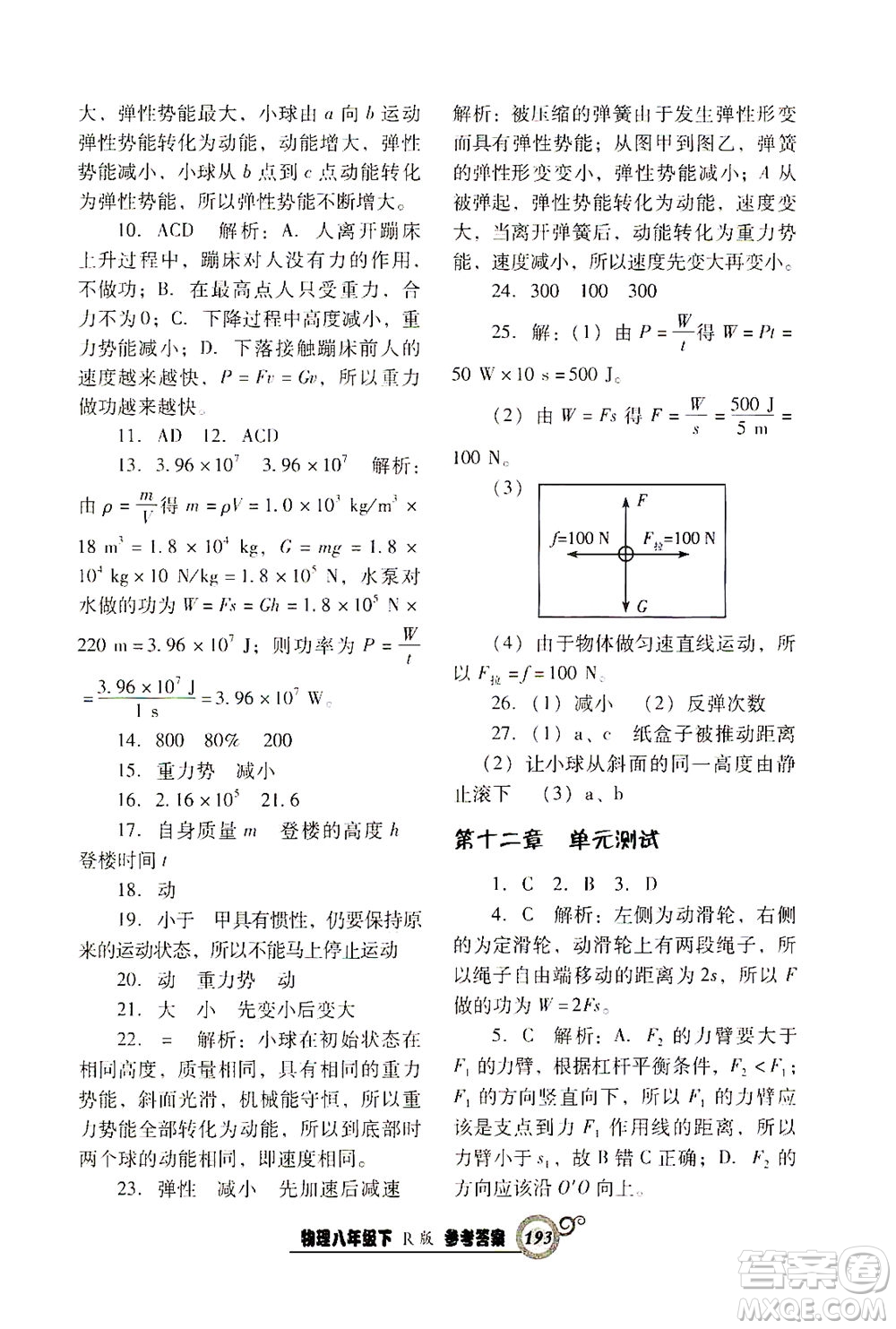 遼寧教育出版社2021尖子生課時作業(yè)八年級物理下冊人教版答案