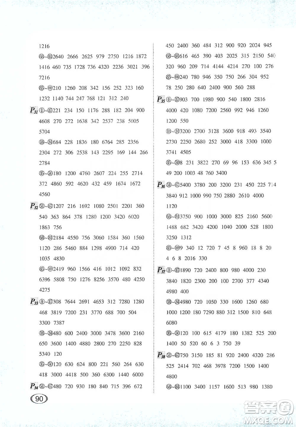 河北教育出版社2021每天100道口算題卡計(jì)時測評三年級下冊通用版參考答案