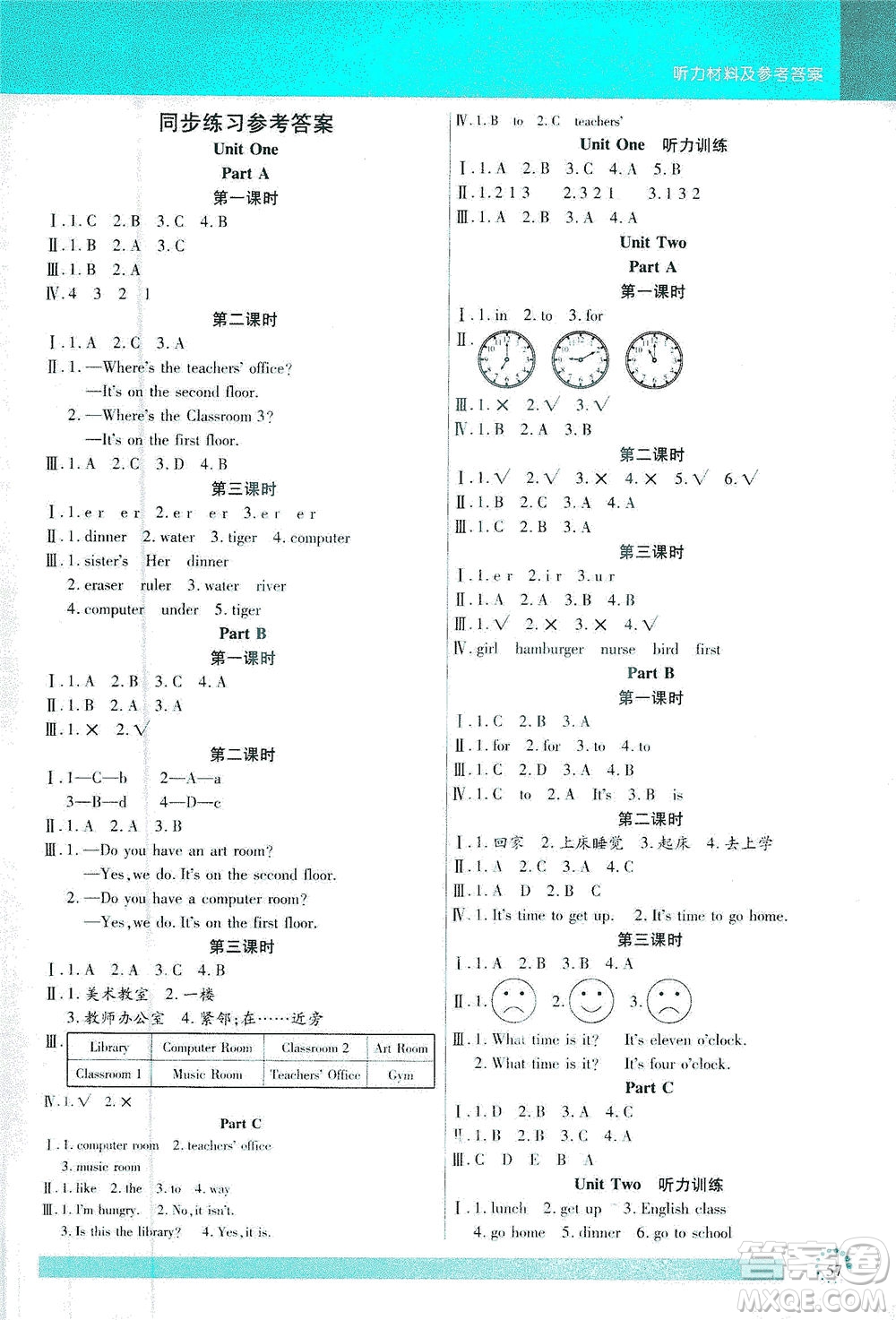 延邊大學(xué)出版社2021小狀元隨堂作業(yè)英語四年級下冊PEP人教版答案