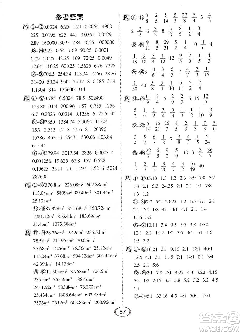 河北少年兒童出版社2021每天100道口算題卡口算+專(zhuān)項(xiàng)六年級(jí)下冊(cè)北師大版參考答案