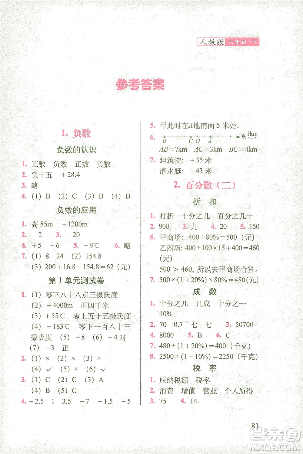 長春出版社2021隨堂檢測天天練數(shù)學(xué)六年級下冊人教版答案