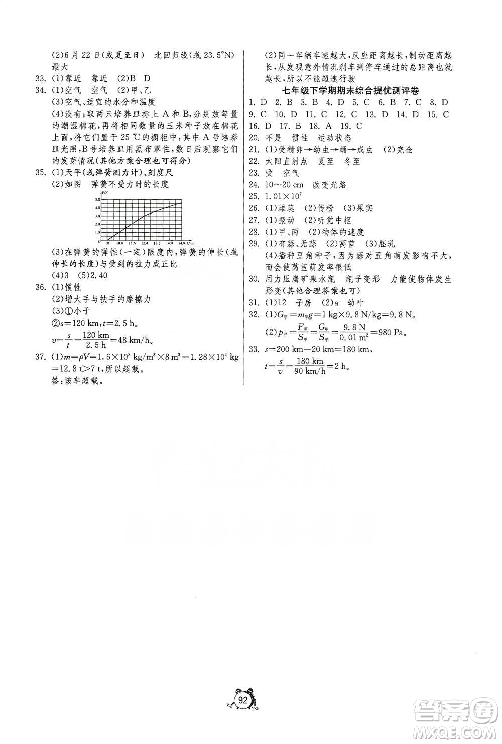 江蘇人民出版社2021單元雙測(cè)全程提優(yōu)測(cè)評(píng)卷七年級(jí)下冊(cè)科學(xué)浙教版參考答案