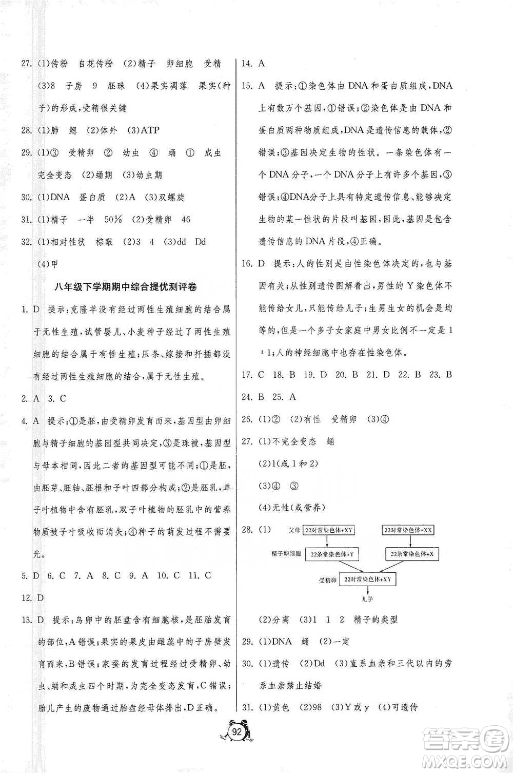 江蘇人民出版社2021單元雙測(cè)全程提優(yōu)測(cè)評(píng)卷八年級(jí)下冊(cè)生物學(xué)蘇教版參考答案