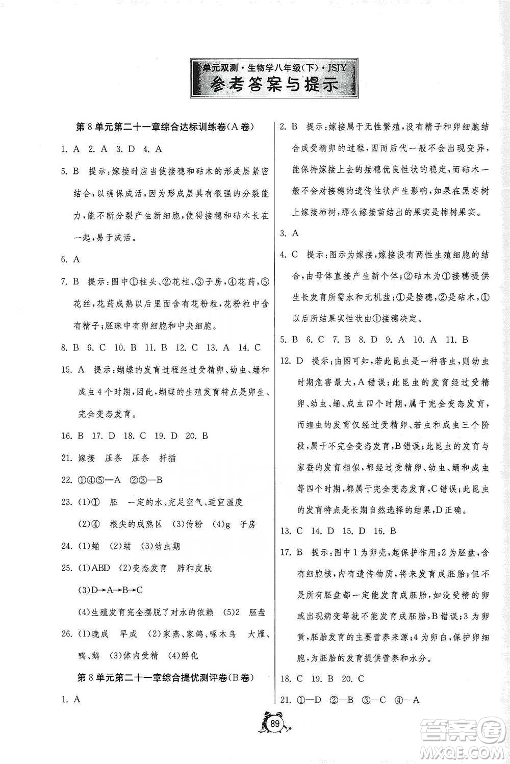 江蘇人民出版社2021單元雙測(cè)全程提優(yōu)測(cè)評(píng)卷八年級(jí)下冊(cè)生物學(xué)蘇教版參考答案