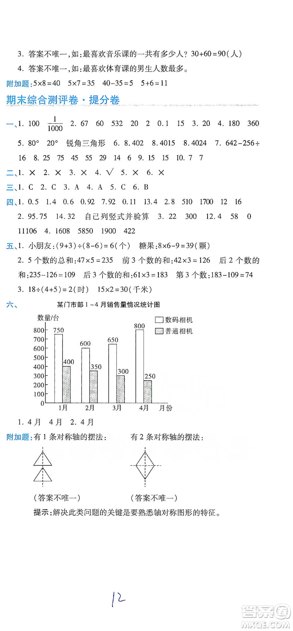 開(kāi)明出版社2021期末100分沖刺卷四年級(jí)下冊(cè)數(shù)學(xué)人教版參考答案