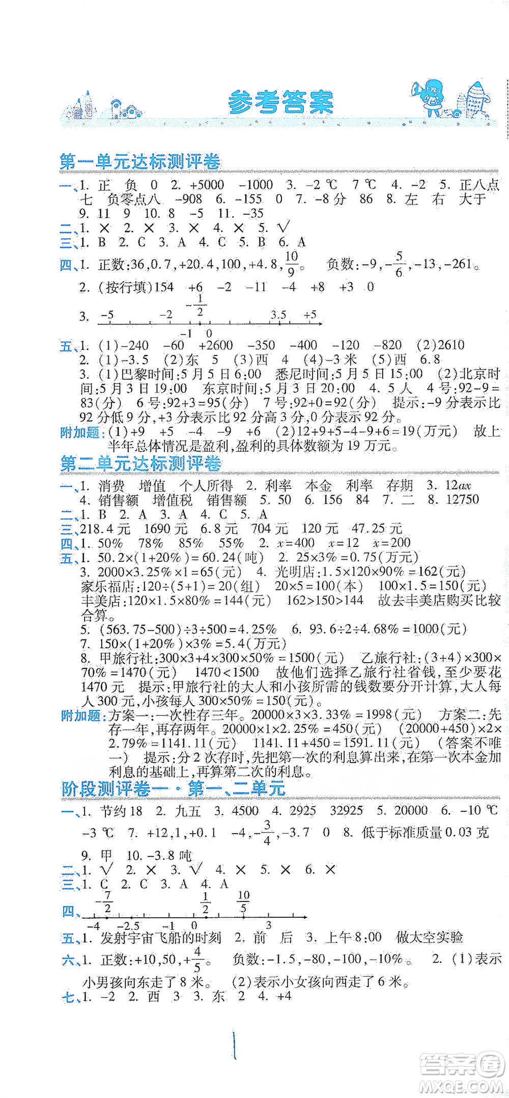 開(kāi)明出版社2021期末100分沖刺卷六年級(jí)下冊(cè)數(shù)學(xué)人教版參考答案