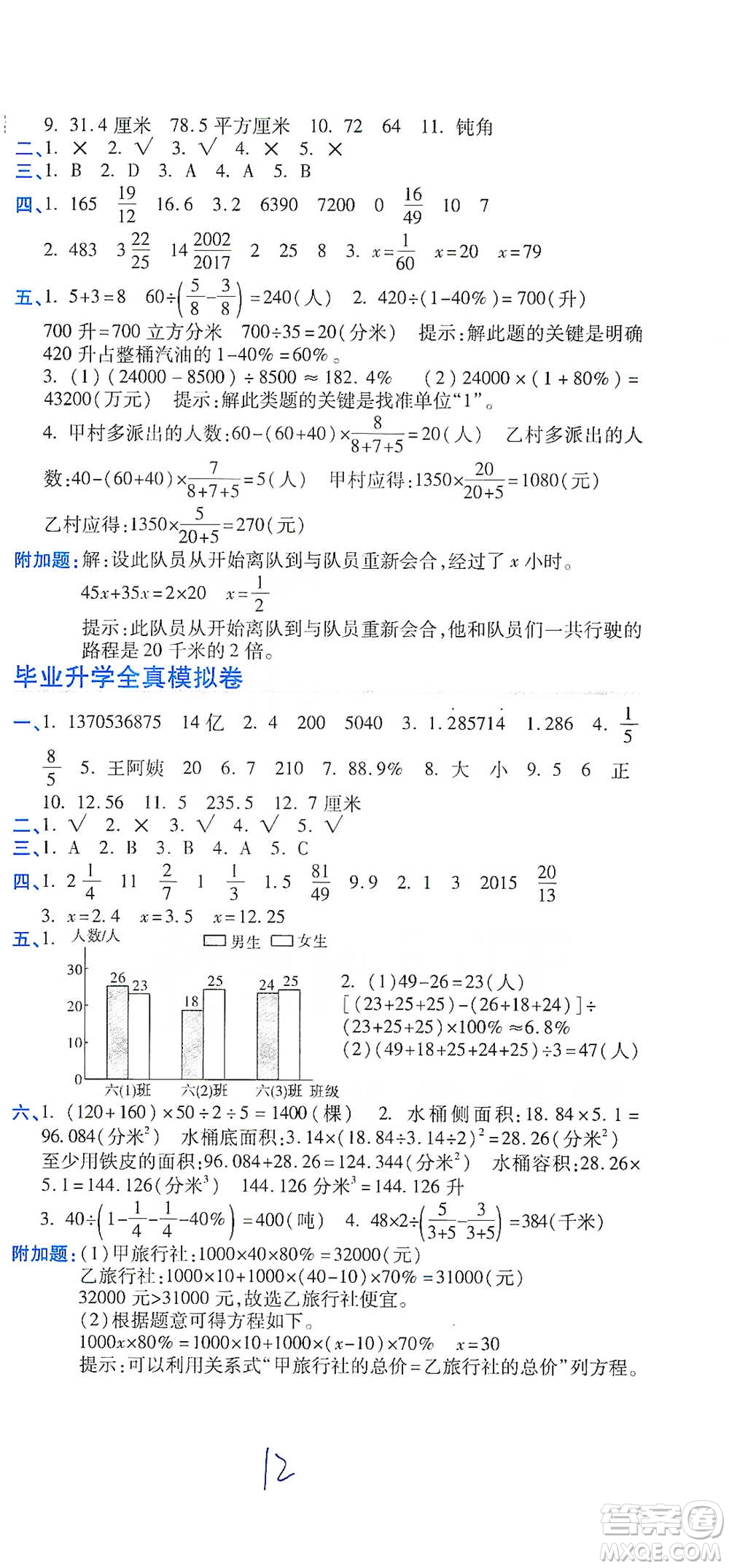 開(kāi)明出版社2021期末100分沖刺卷六年級(jí)下冊(cè)數(shù)學(xué)人教版參考答案
