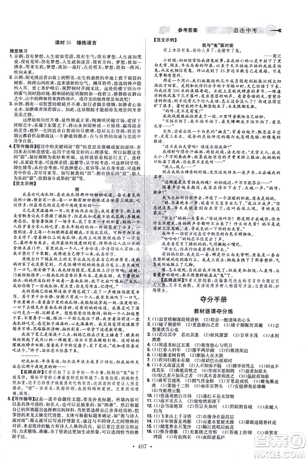 江西美術(shù)出版社2021追擊中考九年級(jí)語文下冊(cè)江西專版答案