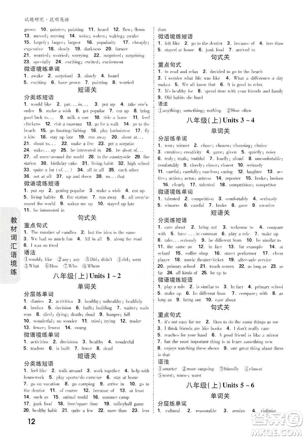 新疆青少年出版社2021萬唯中考試題研究英語昆明專版參考答案