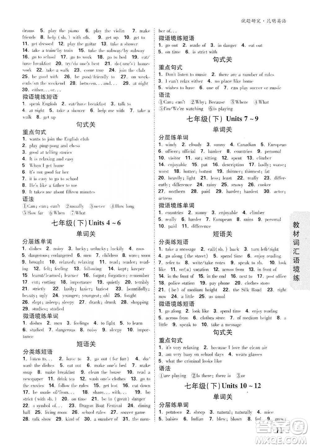 新疆青少年出版社2021萬唯中考試題研究英語昆明專版參考答案