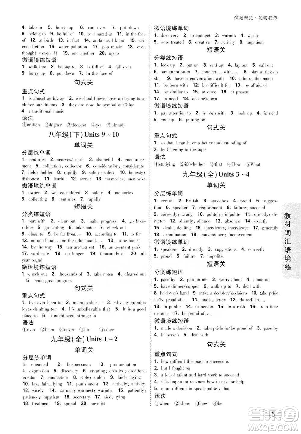 新疆青少年出版社2021萬唯中考試題研究英語昆明專版參考答案
