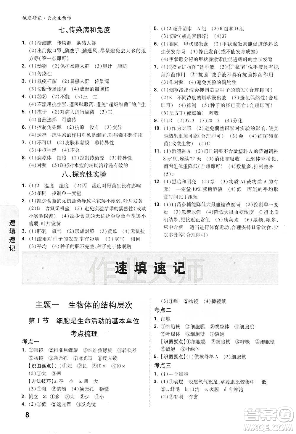 新疆青少年出版社2021萬(wàn)唯中考試題研究生物學(xué)云南專版通用版參考答案