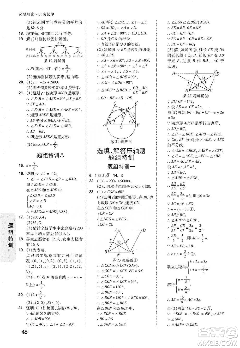 新疆青少年出版社2021萬唯中考試題研究數學云南專版通用版參考答案