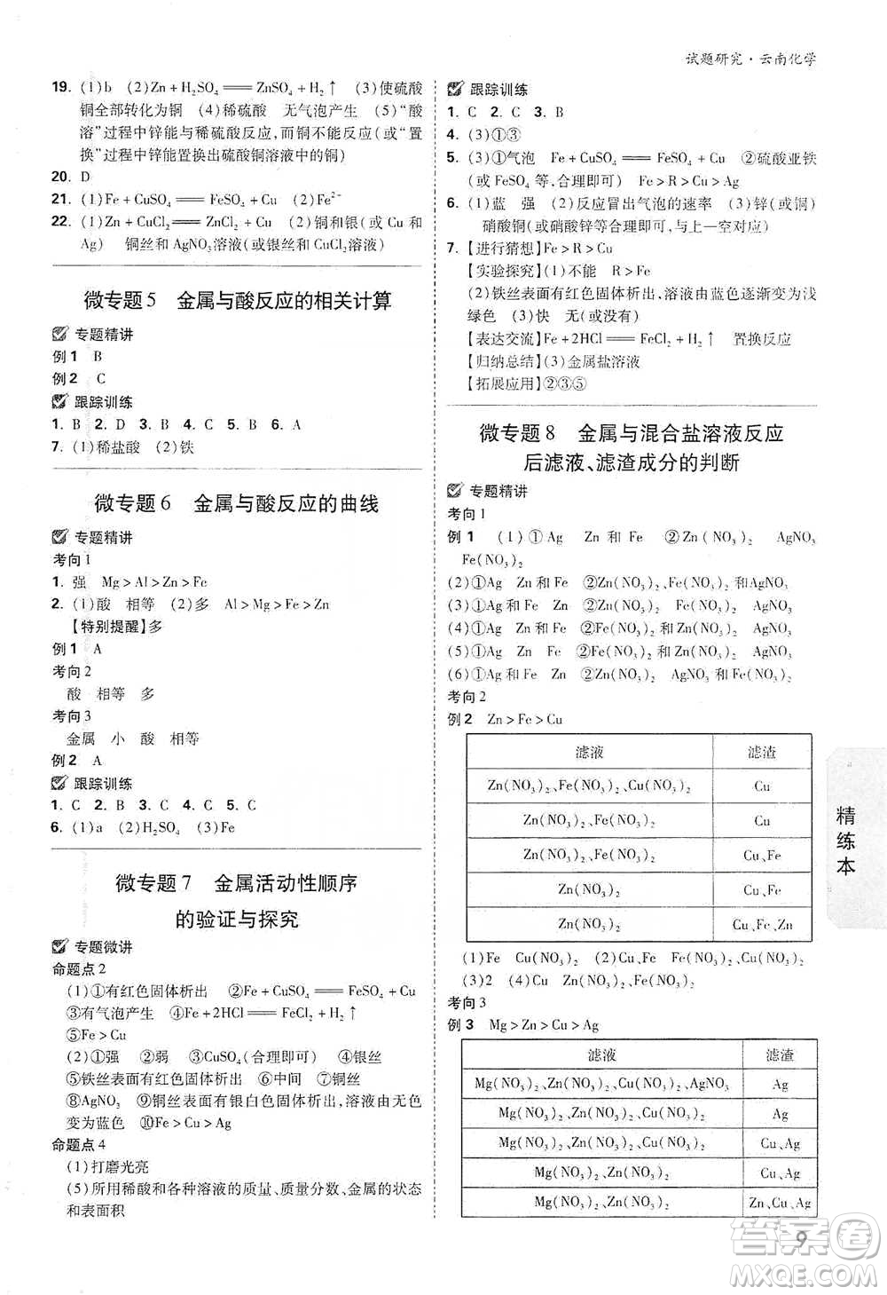新疆青少年出版社2021萬唯中考試題研究化學(xué)云南專版通用版參考答案