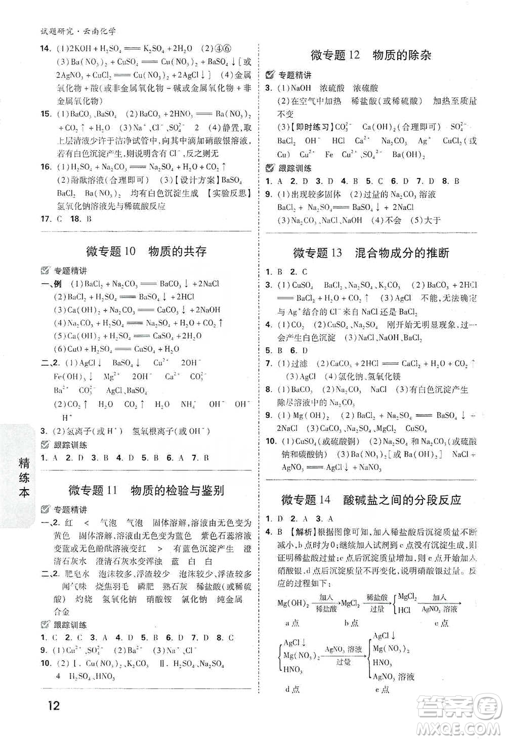 新疆青少年出版社2021萬唯中考試題研究化學(xué)云南專版通用版參考答案