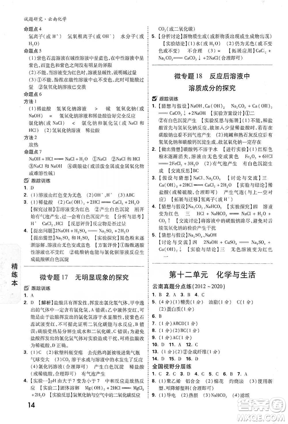 新疆青少年出版社2021萬唯中考試題研究化學(xué)云南專版通用版參考答案