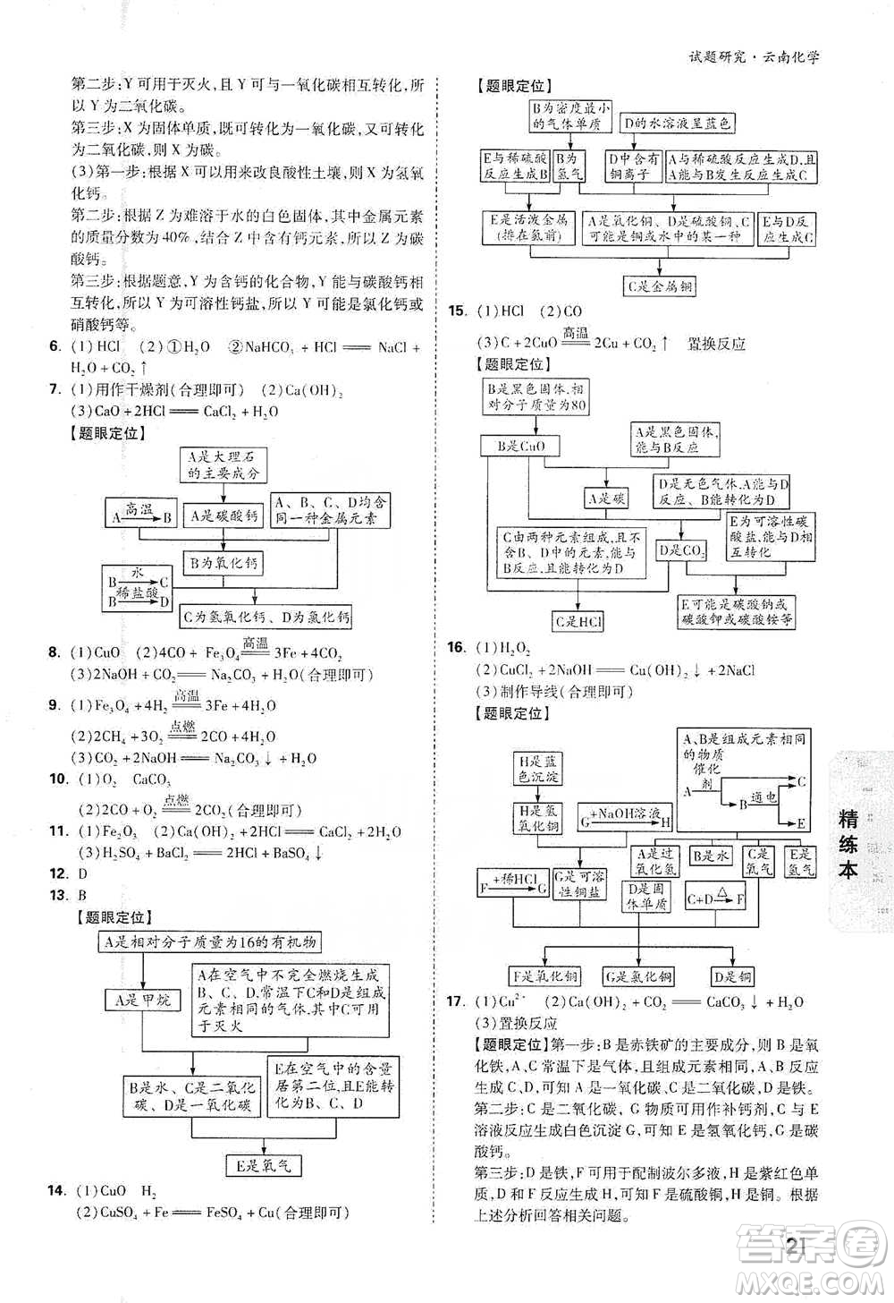 新疆青少年出版社2021萬唯中考試題研究化學(xué)云南專版通用版參考答案