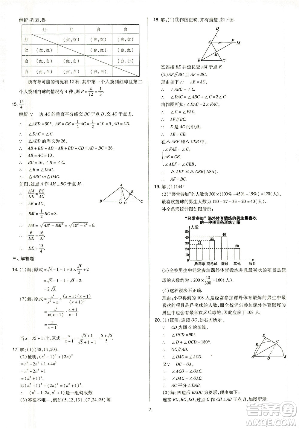 山西教育出版社2021金點名卷山西省中考訓(xùn)練卷數(shù)學人教版答案