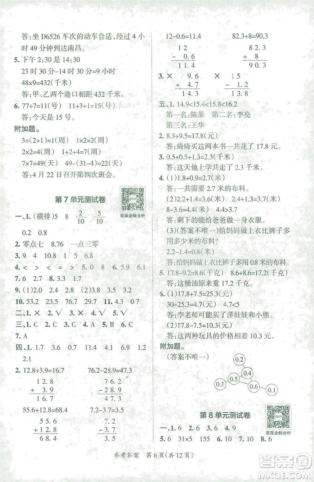 陜西師范大學出版總社有限公司2021小學學霸單元期末標準卷數學三年級下RJ人教版答案