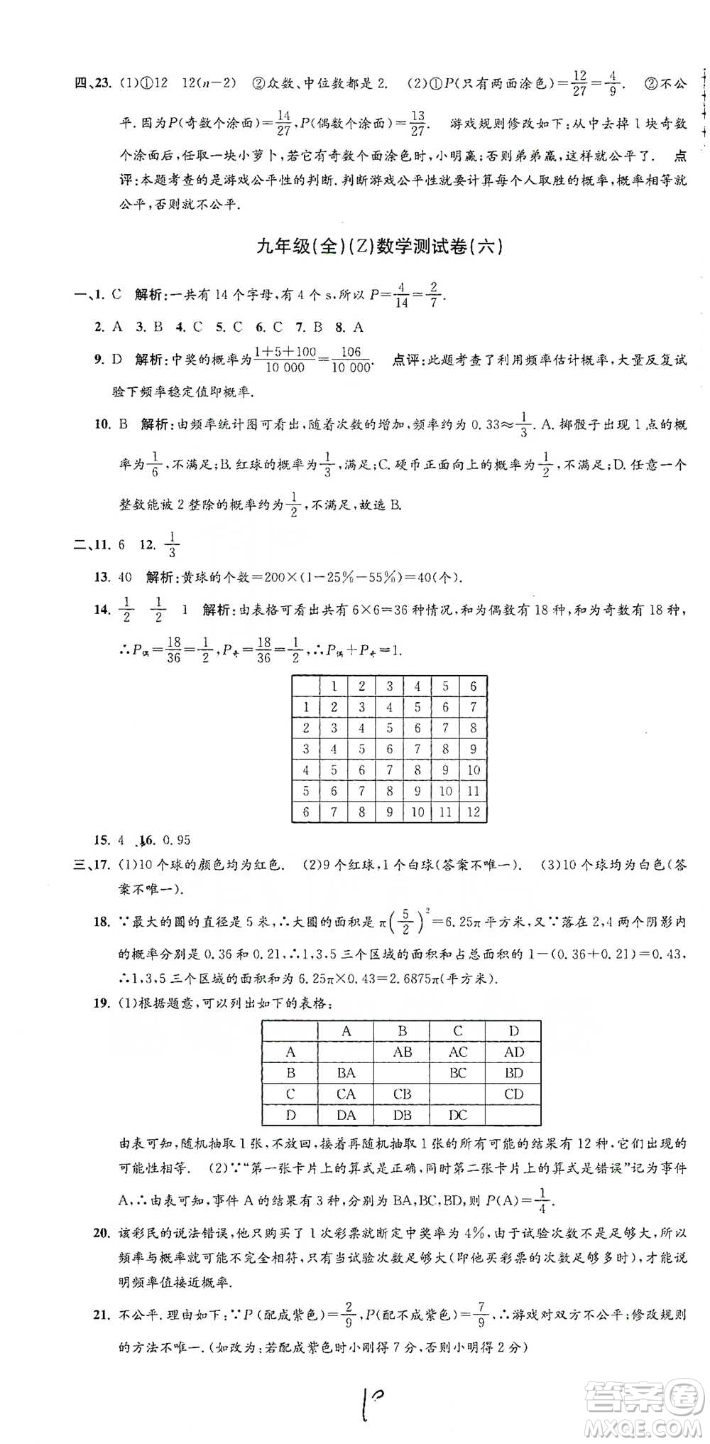 浙江工商大學出版社2021孟建平系列初中單元測試數(shù)學九年級浙教版參考答案