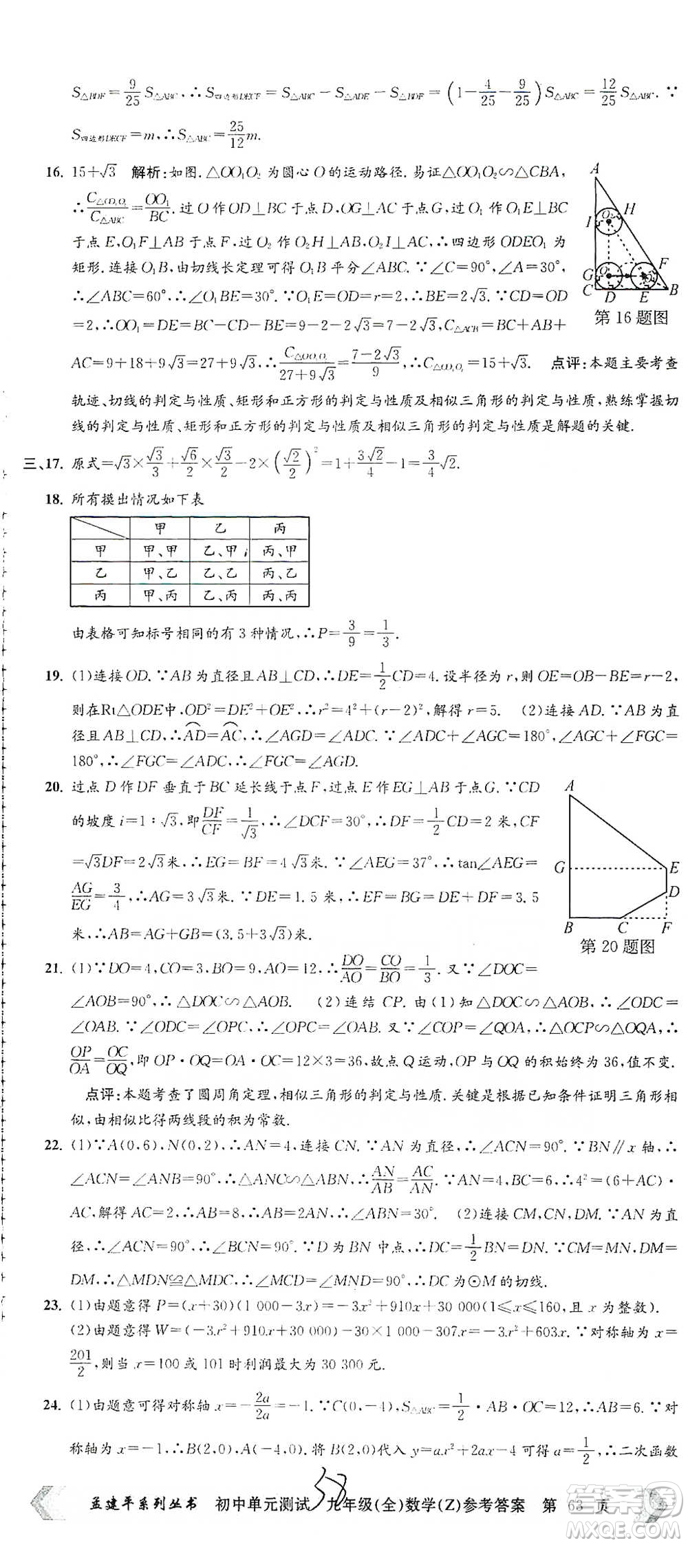 浙江工商大學出版社2021孟建平系列初中單元測試數(shù)學九年級浙教版參考答案