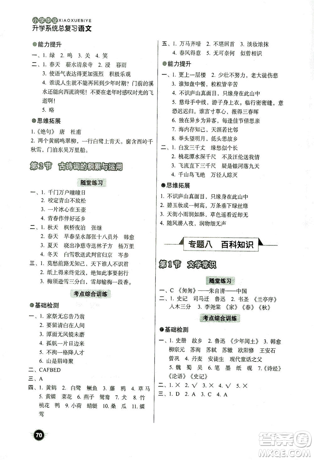 云南美術(shù)出版社2021小學(xué)畢業(yè)升學(xué)系統(tǒng)總復(fù)習(xí)語文答案
