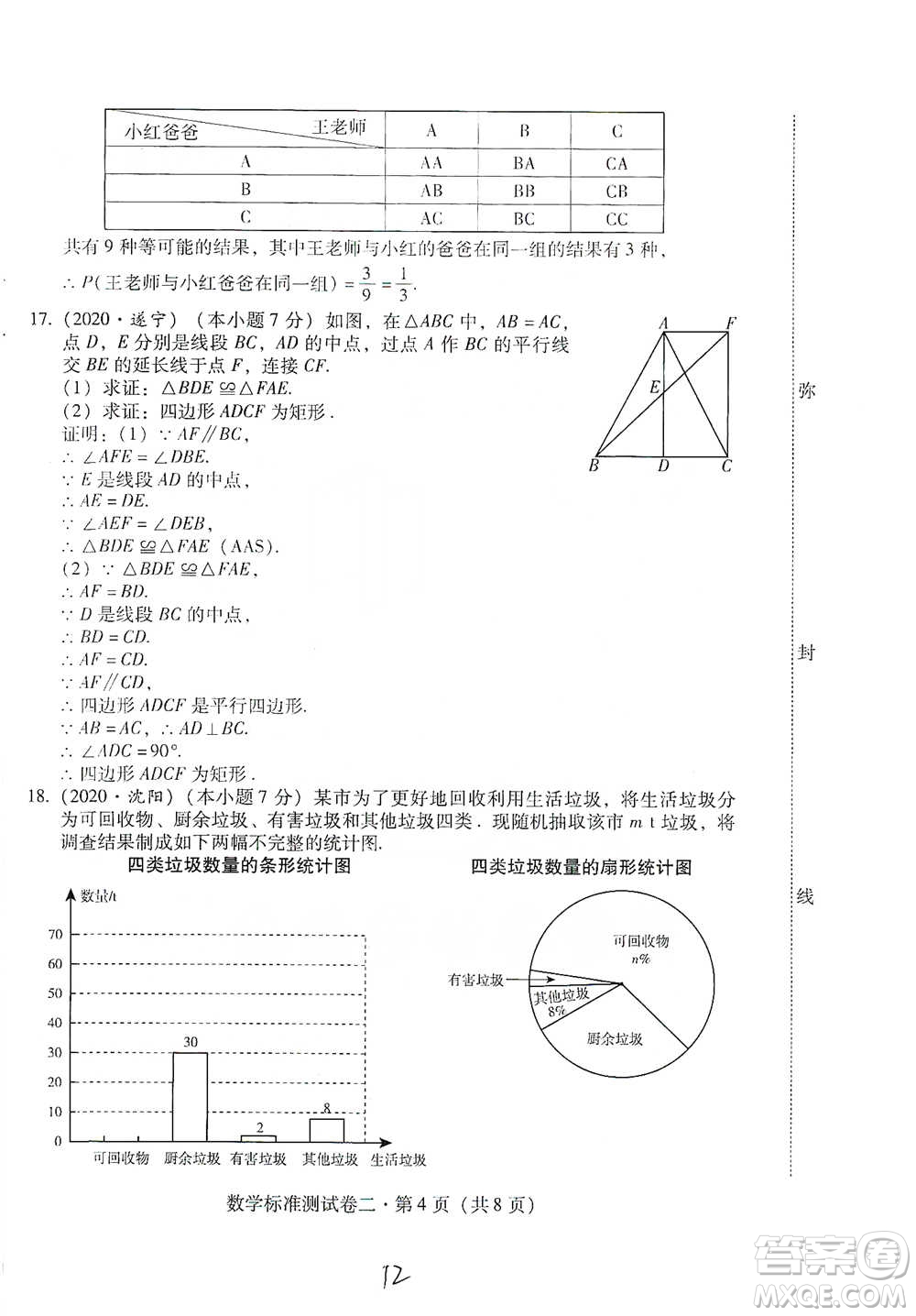 云南教育出版社2021優(yōu)佳學(xué)案云南省初中學(xué)業(yè)水平考試標(biāo)準(zhǔn)測試卷數(shù)學(xué)參考答案