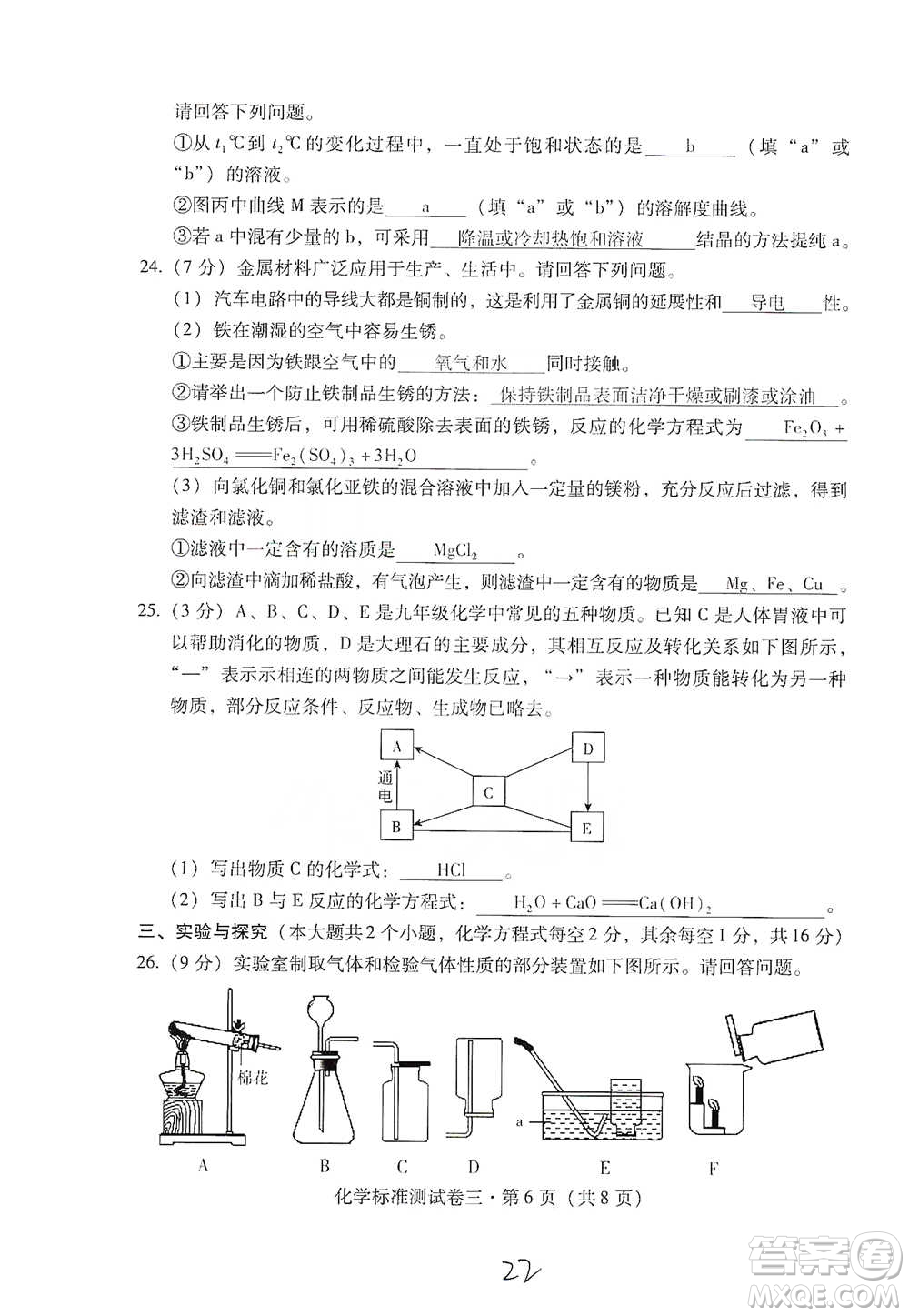 云南教育出版社2021優(yōu)佳學(xué)案云南省初中學(xué)業(yè)水平考試標(biāo)準(zhǔn)測試卷化學(xué)參考答案