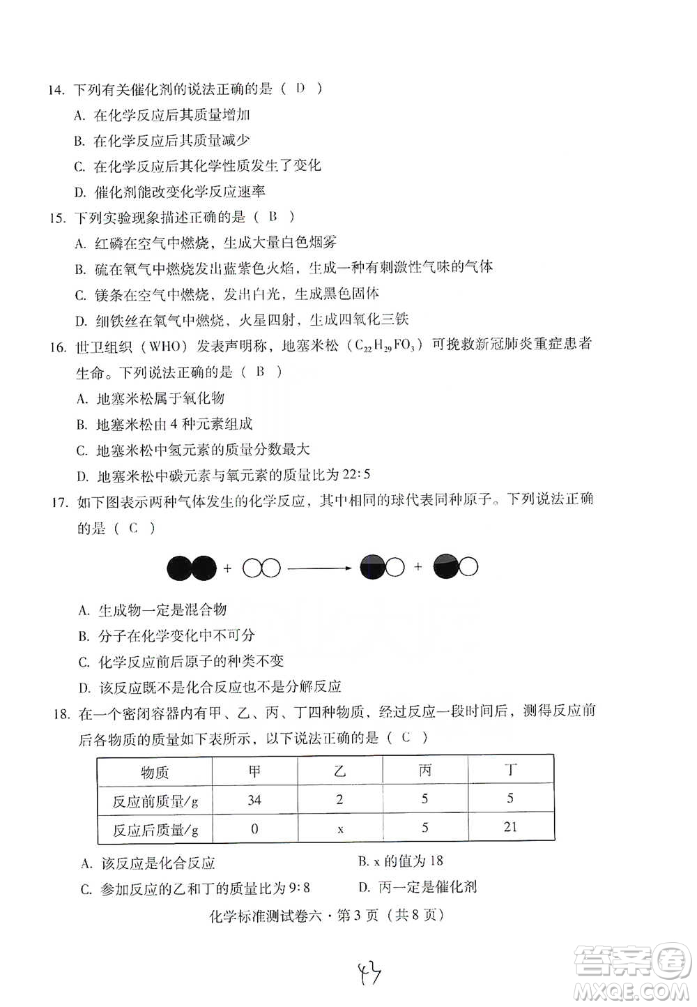 云南教育出版社2021優(yōu)佳學(xué)案云南省初中學(xué)業(yè)水平考試標(biāo)準(zhǔn)測試卷化學(xué)參考答案
