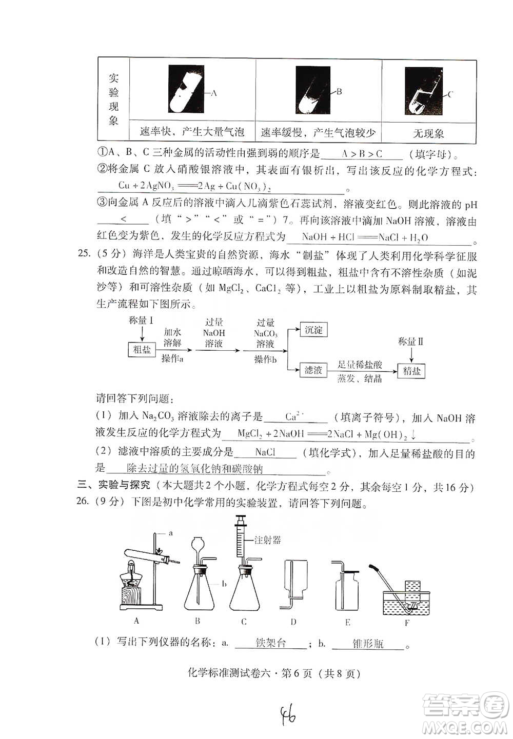 云南教育出版社2021優(yōu)佳學(xué)案云南省初中學(xué)業(yè)水平考試標(biāo)準(zhǔn)測試卷化學(xué)參考答案