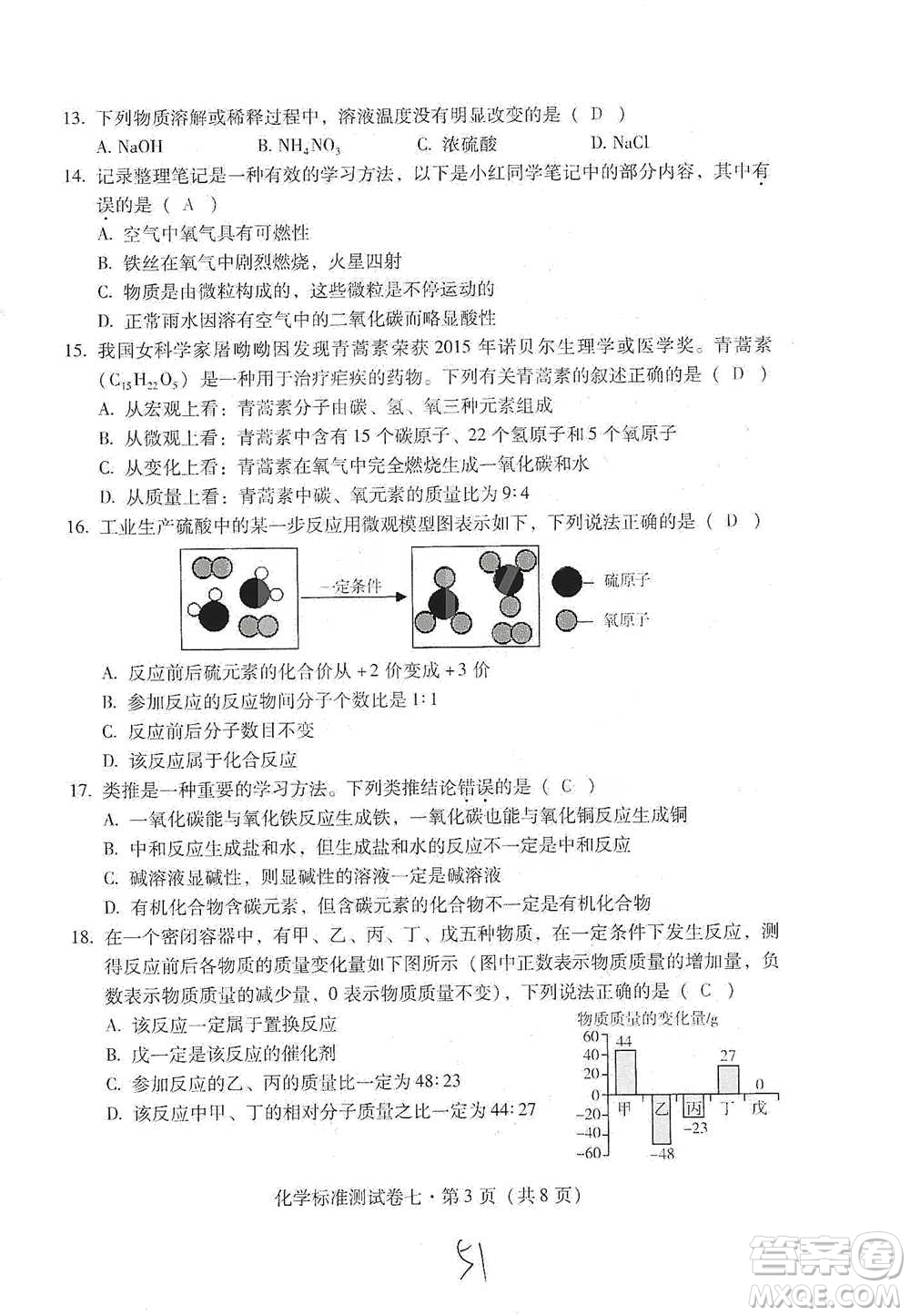 云南教育出版社2021優(yōu)佳學(xué)案云南省初中學(xué)業(yè)水平考試標(biāo)準(zhǔn)測試卷化學(xué)參考答案