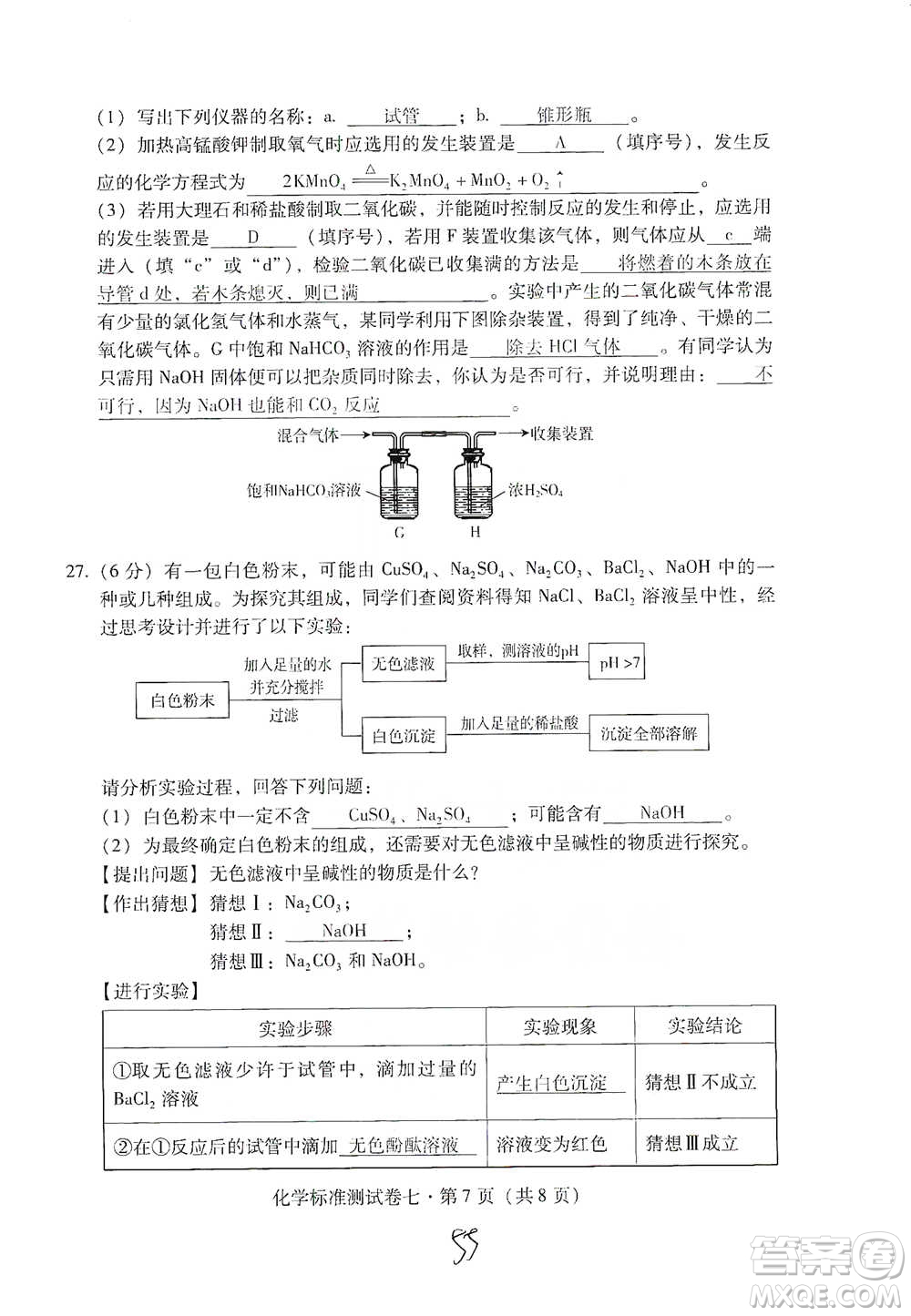 云南教育出版社2021優(yōu)佳學(xué)案云南省初中學(xué)業(yè)水平考試標(biāo)準(zhǔn)測試卷化學(xué)參考答案