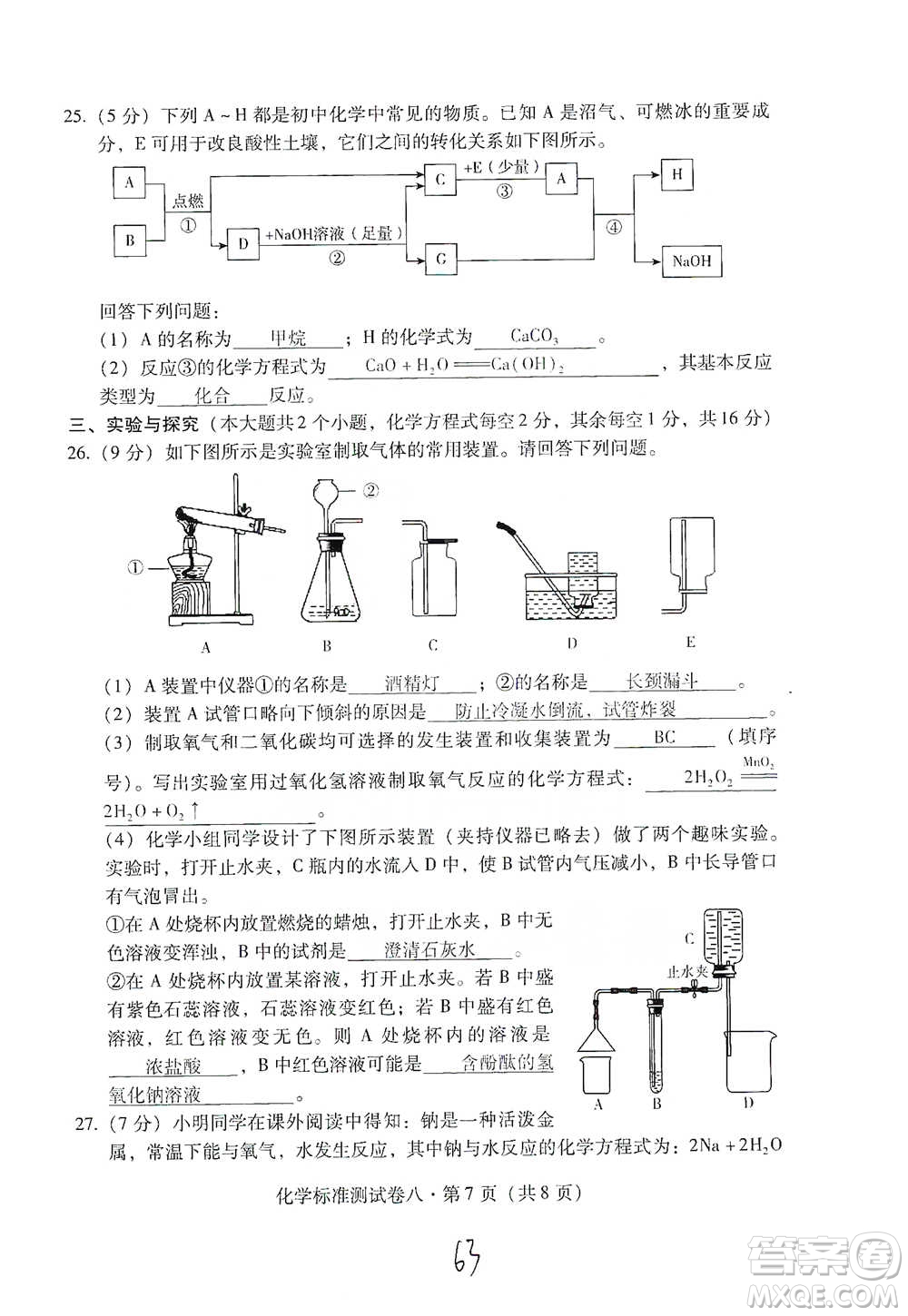 云南教育出版社2021優(yōu)佳學(xué)案云南省初中學(xué)業(yè)水平考試標(biāo)準(zhǔn)測試卷化學(xué)參考答案