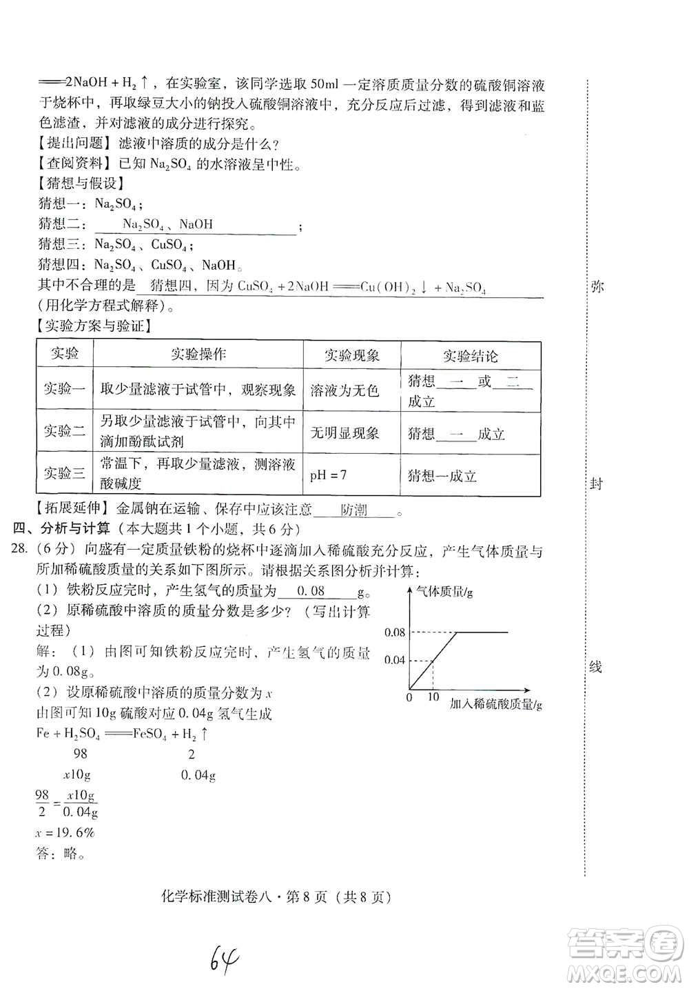 云南教育出版社2021優(yōu)佳學(xué)案云南省初中學(xué)業(yè)水平考試標(biāo)準(zhǔn)測試卷化學(xué)參考答案