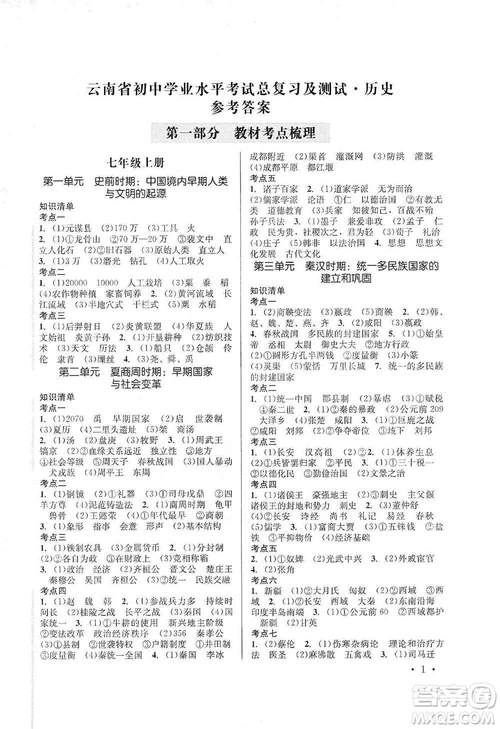 云南大學(xué)出版社2021金考點(diǎn)云南省初中學(xué)業(yè)水平考試總復(fù)習(xí)及測(cè)試歷史參考答案