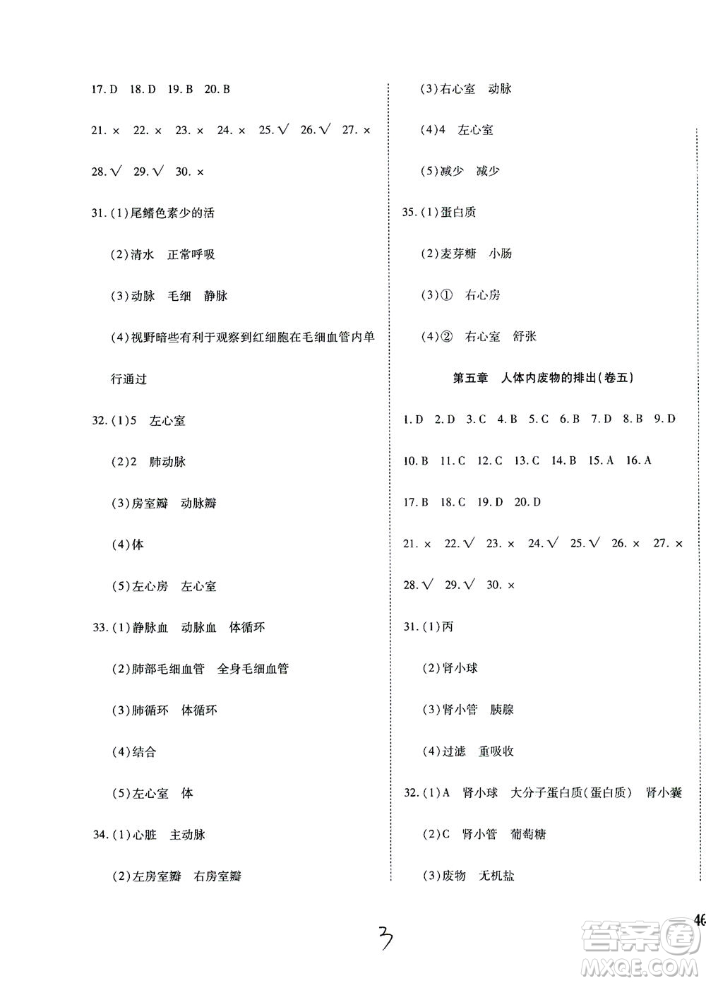 河北教育出版社2021省考標(biāo)準(zhǔn)卷七年級生物下冊人教版答案