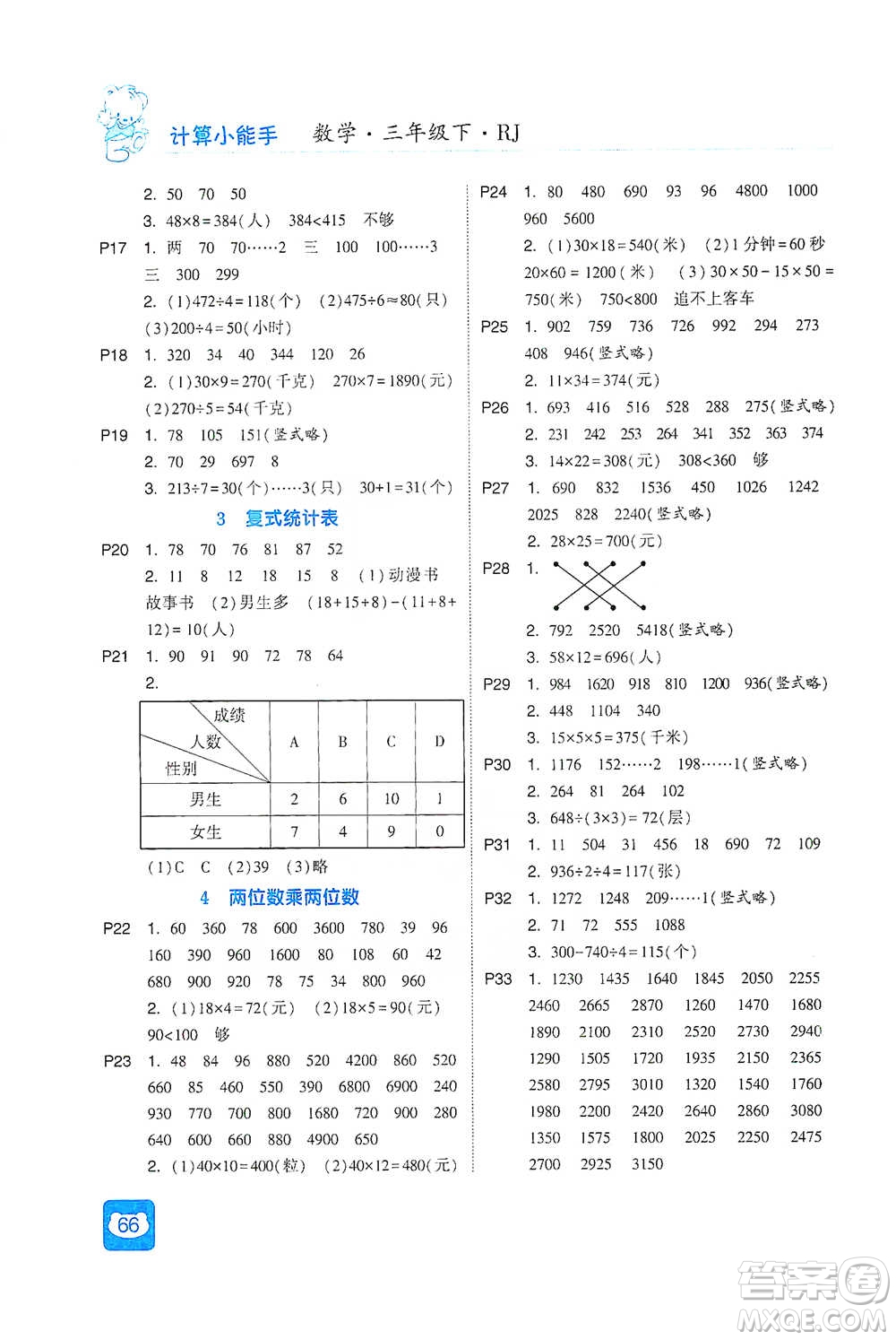 河海大學出版社2021經綸學典計算小能手三年級下冊數學人教版參考答案