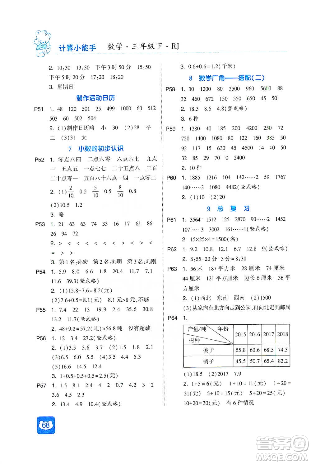 河海大學出版社2021經綸學典計算小能手三年級下冊數學人教版參考答案