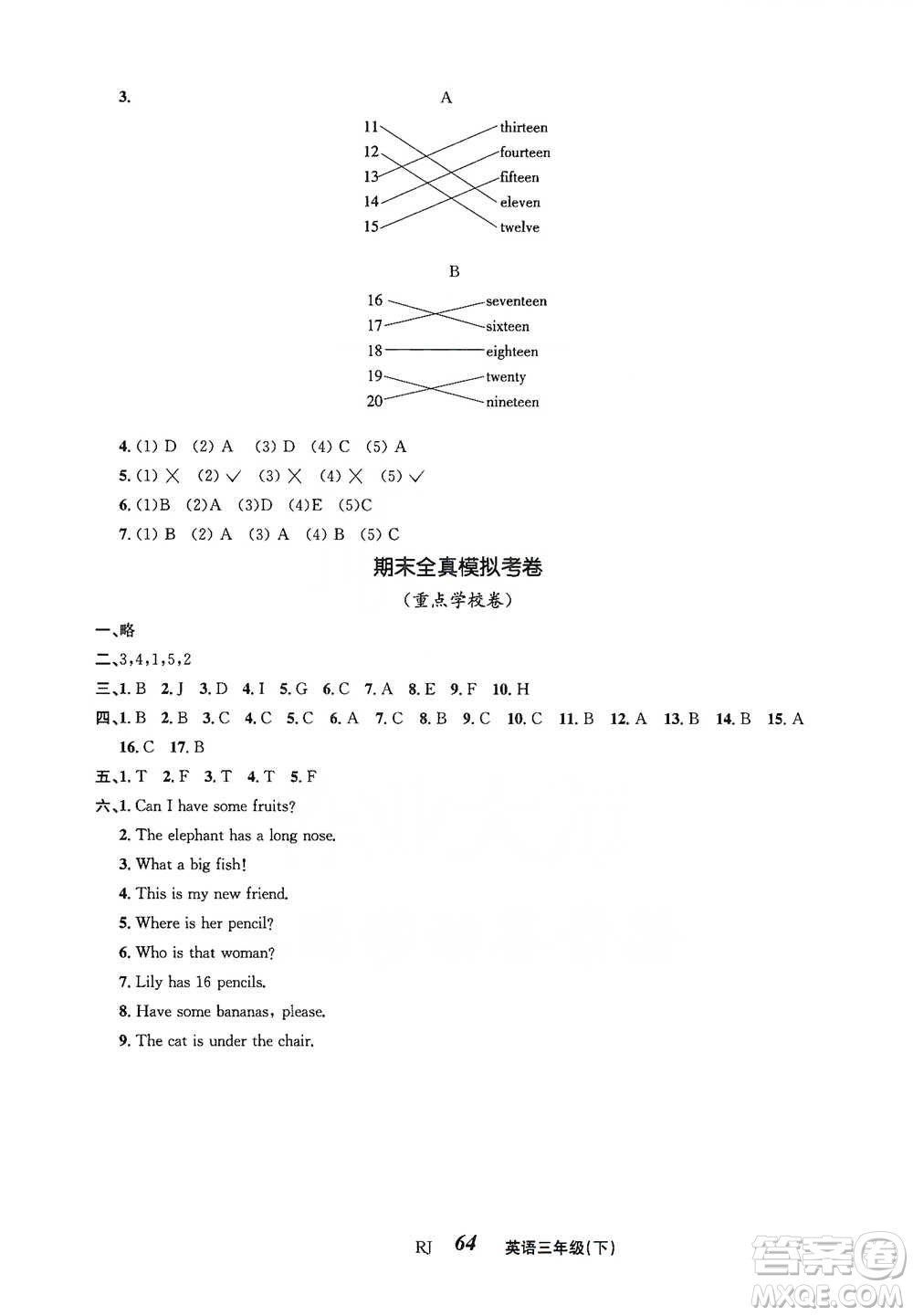 云南科技出版社2021創(chuàng)新成功學(xué)習(xí)同步導(dǎo)學(xué)三年級(jí)下冊(cè)英語人教版參考答案
