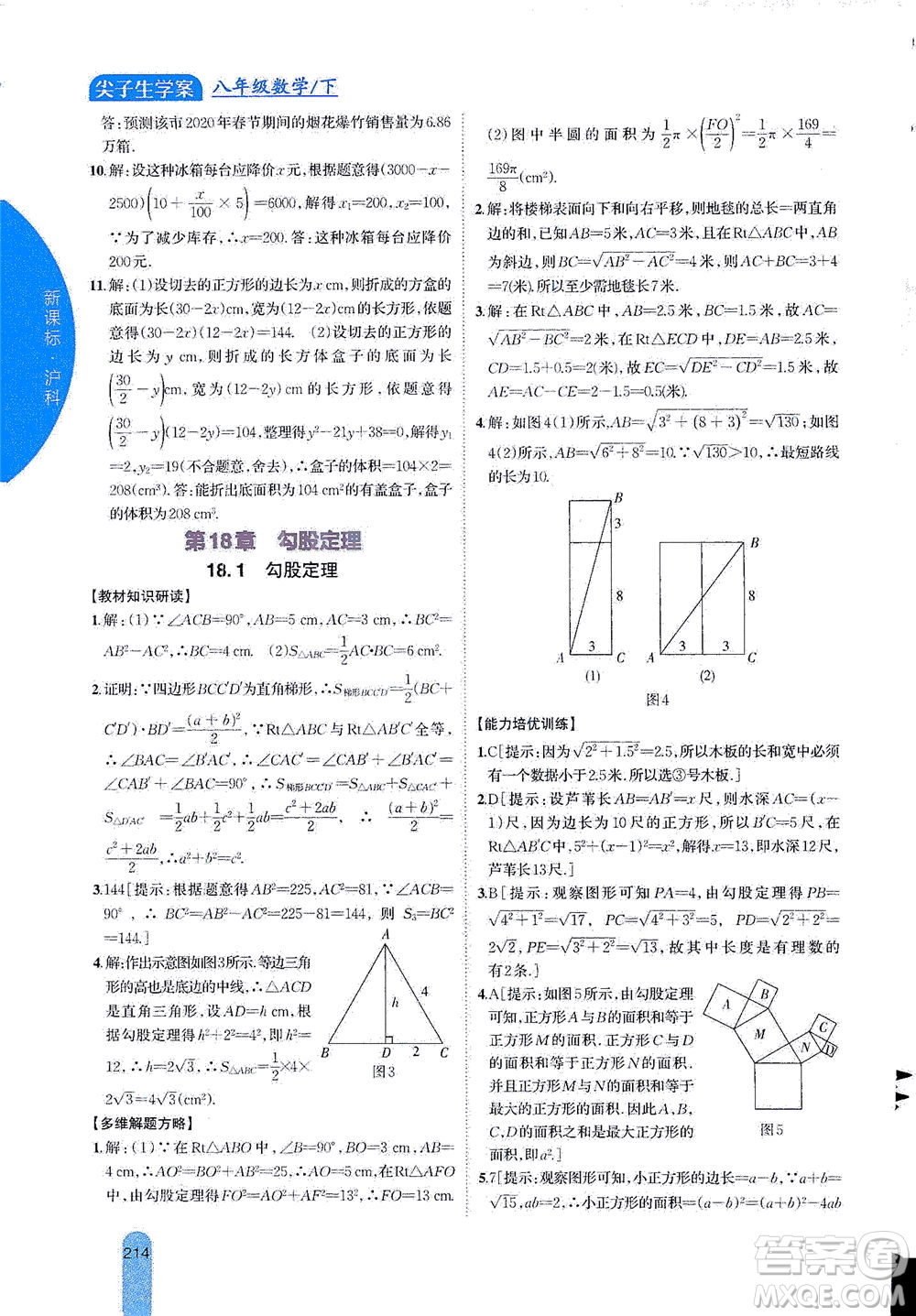吉林人民出版社2021尖子生學(xué)案數(shù)學(xué)八年級下新課標(biāo)滬科版答案