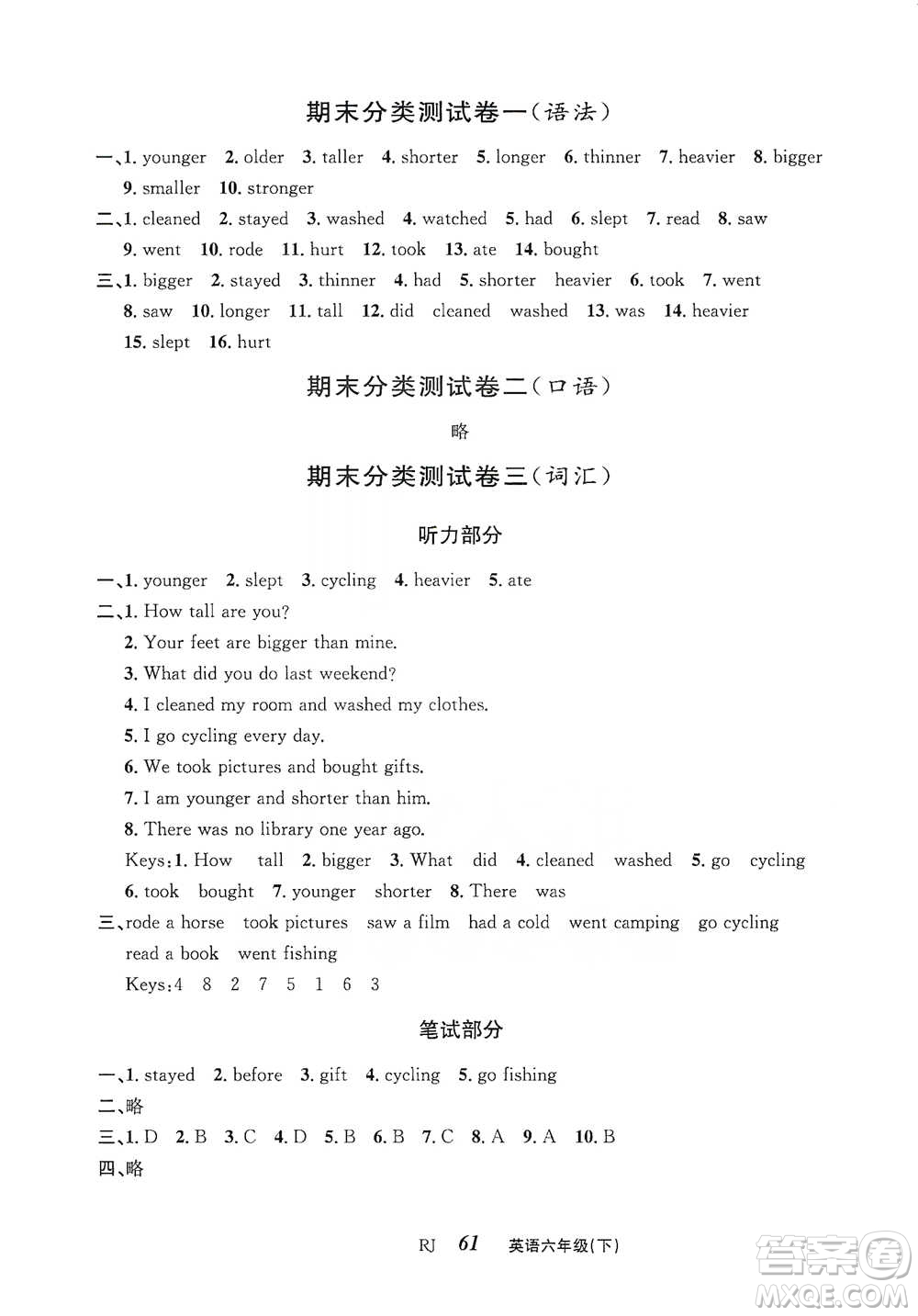 云南科技出版社2021創(chuàng)新成功學習同步導學六年級下冊英語人教版參考答案